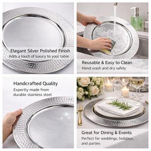 Assiette de Présentation en Acier Inoxydable Argenté Poli, Design Martelé, Décorative pour Table de Salle à Manger, Mariage et Décoration Intérieure - Product Image 5
