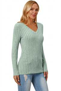 Pull en tricot côtelé vert sauge à col en V pour femme, manches longues, rayé - Product Image 1