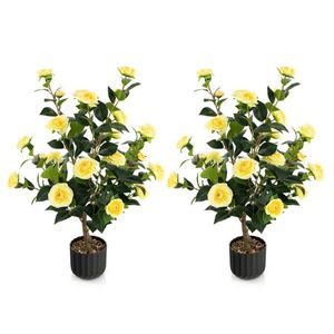 2 Pezzi Albero di Camelia Artificiale in Plastica da 38 Pollici con Vaso in Cemento Giallo per Matrimoni, Natale e Capodanno - Product Image 1