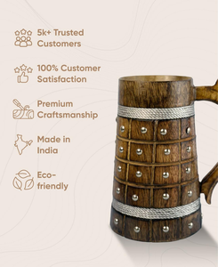 Chope à bière rustique en bois faite à la main, style Viking, moderne, FAIZA CRAFT, certifiée CE, compatible micro-ondes, avec poignée - Product Image 2