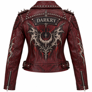 Chaqueta de cuero genuino color granate para mujer con gráfico de alas de demonio, cuello con tachuelas y cremallera, estilo motero. Oferta de fabricante a medida. - Product Image 2