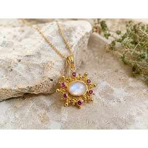 Luxury Moonstone & Ruby Quartz Sunburst Pendant <b>Necklace</b> Gold Plated Gemstone <b>Statement</b> Jewelry for Women - Product Image 2