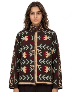 Veste marron à col montant et manches longues, brodée à la main avec des motifs floraux, veste vintage bohème pour femmes - Product Image 1