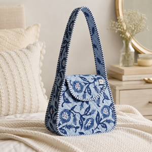 Sac à bandoulière matelassé en coton bleu à motifs floraux, imprimé à la main, de petite taille, avec rabat, pour femme, usage quotidien - Product Image 4