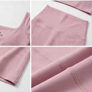 North Approach 2 Piece Yoga Set Pink Square Neck Long Sleeve Crop Top High Waist Full Length <b>Flared</b> <b>Leggings</b> Breathable Seamless - Product Image 4