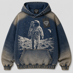 Sudadera con Capucha de Mezclilla Personalizada al por Mayor para Hombre, Estilo Urbano, con Estampado Gráfico de Astronauta, Sudadera de Jean Azul de Alto Gramaje - Product Image 6
