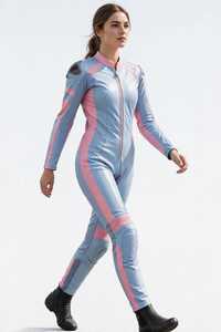 Women Leather Motorcycle Racing Suit Blue Pink Color Blocked Full Sleeve Windproof One Piece <b>Bodysuit</b> - Product Image 2