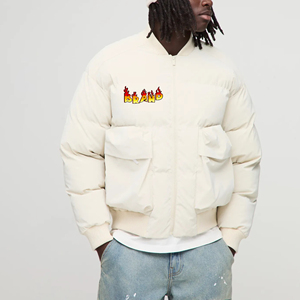 Chaqueta Acolchada Color Crema para Hombre con Logotipo de la Marca Flame, Cierre Frontal con Cremallera, Chaqueta Casual de Invierno, Relleno Grueso de Poliéster, Diseño Resistente al Viento - Product Image 4