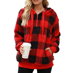 WOLF AKIMBO เสื้อสเวตเตอร์ครึ่งซิปสำหรับผู้หญิง สีแดงดำ ผ้าวูล/ไนลอนบุขนด้านใน เสื้อลำลองสำหรับฤดูหนาว - Product Image 1