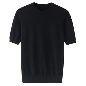 T-shirt décontracté pour homme, uni, crème, manches courtes, 100% coton, col rond, tricoté, coupe classique - Product Image 3