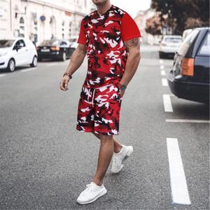 Ensemble deux pièces de t-shirts de sport pour hommes, couleur unie, tricoté, décontracté, col rond, personnalisable avec logo - Product Image 1