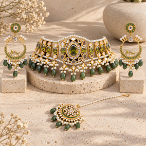 Fabricant de parures de mariée en gros plaquées or avec perles vert olive, comprenant collier ras-du-cou, boucles d'oreilles et tikka - Product Image 6