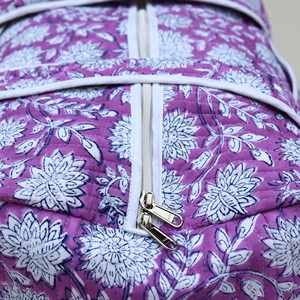 Purple Floral Print Quilted <b>Duffel</b> <b>Bag</b> With White Trim And Long Handles Large Capacity Weekender Travel <b>Bag</b> - Product Image 2