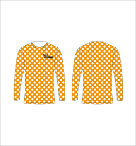 Maillot de sport personnalisé à manches longues en sublimation, léger, avec motif à pois orange et blanc, fournisseur de vêtements en gros - Product Image 1