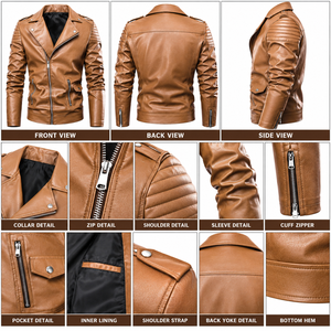 Veste en cuir PU marron pour homme, coupe ajustée, fermeture éclair, col rabattu, manches classiques, style automne - Product Image 5