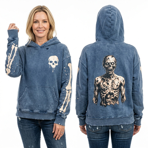 Custom Green Acid Wash Hoodie Women Bearded Skull Never Die Graphic Print Sleeve <b>Circles</b> Oversized Vintage Fleece Sweatshirt - Product Image 3