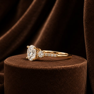 Anillo de Compromiso de Oro Amarillo de 14K con Corte Brillante Redondo, Anillo de Novia con Moissanita y Tres Diamantes - Product Image 5