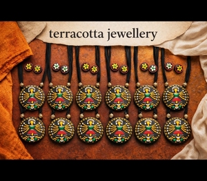 Handmade Indian Terracotta Flower Shape Jewelry <b>Set</b> Colorful Design Necklace Matching Earrings Strand Gift | Ethnic Bohemia <b>Clay</b> - Product Image 2