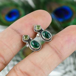 Natural Malachite And Peridot Gemstone <b>Stud</b> Earrings 925 Sterling <b>Silver</b> Oval Shape Trendy Women's Jewelry for Wedding Party - Product Image 4