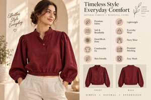 <b>Women's</b> Burgundy <b>Linen</b> Cotton Loose Woven Blouse Puff Sleeve Crew Neck Top Elastic Waist Long Sleeve Casual All Seasons - Product Image 4