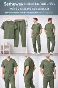 Conjunto de uniforme médico para hombre, blusa y pantalones elásticos con cuello en V y bolsillos, uniforme de enfermera verde oliva - Product Image 6