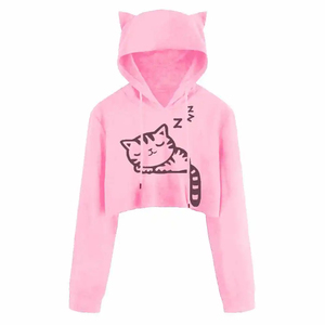 Sweat-shirt à capuche court personnalisé avec broderie, oreilles de chat et imprimé chat endormi, rouge, décontracté, unisexe, pour l'automne, sweat-shirts pour femmes - Product Image 6