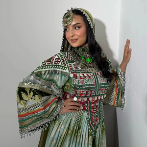 Vestido Afgano Tradicional Real, Color Sólido Brillante, Vestido Kuchi Afgano con Bordado Geométrico, Dupatta a Juego, Vestido Kuchi Afgano - Product Image 6