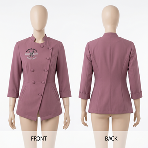 Veste de barbier pour femme 220 GSM en polycoton premium, design à panneaux gris, broderie personnalisée, impression sérigraphique, logo par transfert thermique - Product Image 4