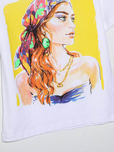 T-shirt blanc à manches courtes pour femme avec imprimé artistique peint à la main, col rond, haut décontracté d'été, 100% coton, tissu jersey respirant - Product Image 5