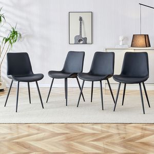 Chaise de salle à manger avec dossier en cuir artificiel noir, design incurvé et élargi confortable, avec pieds en métal noir - Product Image 3