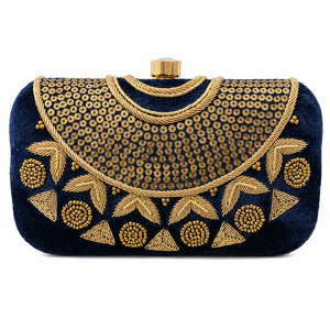 Metal Frame Embroidered Clutch Purse Navy Velvet <b>Handbag</b> with Gold Bead <b>Sequin</b> Work for Party Wedding Use - Product Image 1