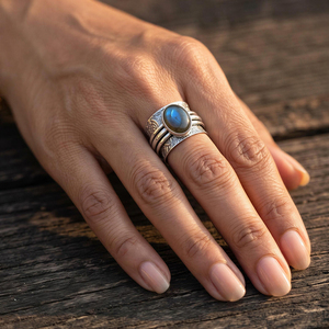 Vintage Look Labradorite Bezel Set Oval Spinner <b>Ring</b> Handmade Silver Plated Brass Meditation Boho Gemstone <b>Statement</b> Unisex - Product Image 3