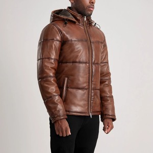 Premium <b>Men's</b> Brown Hooded PU Leather Puffer Jacket Windproof Zipper Closure Winter Casual Outerwear For <b>Men</b> - Product Image 3