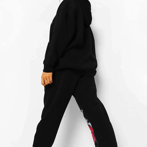 Unisex Black 100% Cotton Breathable Lightweight Hooded <b>Velvet</b> <b>Tracksuit</b> Set Full Sleeve Sporty Style Solid Color Elastic Waist - Product Image 4