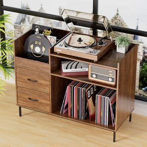 Support de tourne-disque réglable de 27,6 pouces avec 2 tiroirs, table console pour lecteur de disques vinyles 350+, étagère pour haut-parleurs multimédia, 2 étagères réglables - Product Image 3