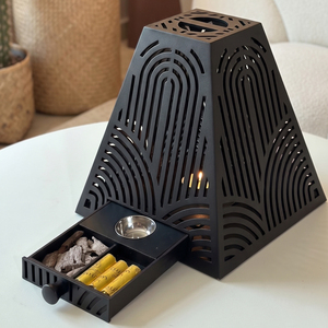 Black Metal Arabic <b>Bakhoor</b> Burner With Geometric Cutout Pattern, Pyramid Shape Ideal For <b>Oud</b>, Incense And Home Fragrance Decor - Product Image 4