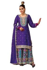 Nouvelle collection Automne Hiver : Ensemble Salwar Kameez indien 3 pièces décontracté à manches longues, en chinon épais avec broderies, séchage rapide et coupe ample. - Product Image 2