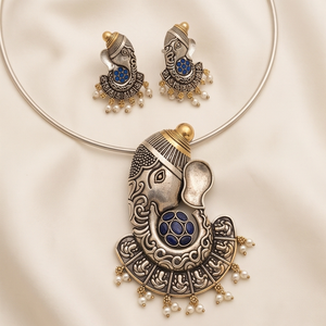 DIVYORO Women's Royal Blue Embellished Ganesha Pendant Oxidized <b>Long</b> Adjustable Length <b>Necklace</b> and Earrings Set - Product Image 1