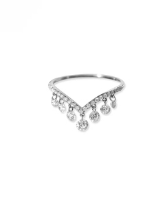 Bague en or pur 14 carats en forme de V avec franges pour femme, bague empilable avec diamant en goutte, diamant de laboratoire rond percé, bague superposée en chevron avec pendentif - Product Image 2