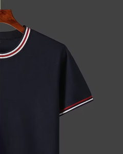 Men's Knitted Short Sleeve O Neck Solid Navy T-Shirt Contrast Trim Casual Regular Fit - Product Image 4