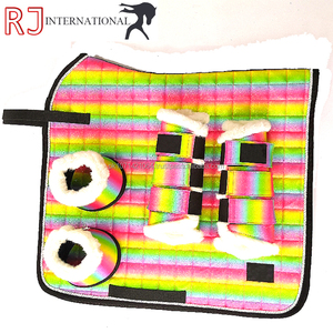 Ensemble de tapis de selle équestre arc-en-ciel scintillant en coton et polyester pour l'équitation, le dressage et le saut d'obstacles avec protège-étriers - Product Image 5