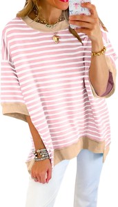 T-shirt femme à manches courtes rayé surdimensionné, multicolores, tricoté, coupe classique, toutes saisons, respirant, doux, écologique, décontracté - Product Image 6