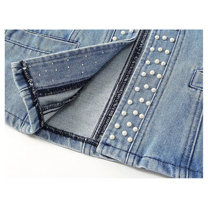 Collarless Rivet Detailed Short <b>Denim</b> <b>Coat</b> with Stylish Pockets Elegant Women's Pearl Embellished <b>Denim</b> Jacket Long Sleeve - Product Image 5