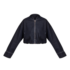 Blouson bomber en jean indigo à ourlet bouffant, coupe courte, surpiqûres contrastantes blanches, fermeture éclair frontale, taille élastique, coupe décontractée, printemps, unisexe - Product Image 1