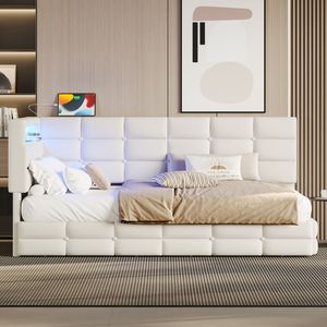Upholstered Twin Size Daybed <b>LED</b> Lights Storage Headboard 2 Drawers Charging Station Day <b>Bed</b> Frame Practical Storage Features - Product Image 2