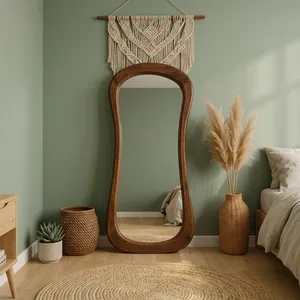 Rustic <b>Full</b> <b>Length</b> Floor <b>Mirror</b> with Curved Wooden Frame Natural Modern Boho <b>Standing</b> <b>Mirror</b> for Bedroom Living Room Home Decor - Product Image 2