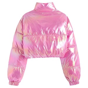 Warn Winter Custom Embroidery Logo Metallic <b>Pink</b> Women Crop Puffer <b>Jacket</b> Stand Collar High Quality Women Zipper Bomber Coat - Product Image 2