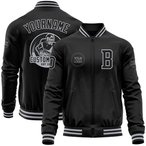 Venta al por Mayor Directa de OMMIZ INDUSTRY, Chaqueta Bomber Personalizada Negra y Gris con Cierre y Letras Estilo Universitario - Product Image 1