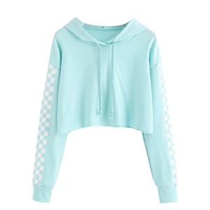 Sudadera Corta Azul Claro para Mujer, Diseño de Manga a Cuadros, Estilo Casual para Primavera, 100% Algodón Tejido - Product Image 1