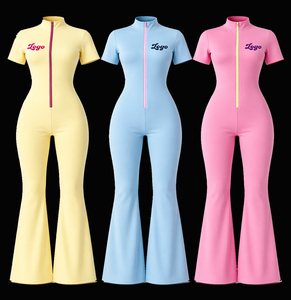 Custom LOGO <b>Workout</b> Spandex Bodycon One Piece Zip Rompers Women Short Sleeve Yoga Fitted <b>Jumpsuit</b> Playsuit Bodysuit for Women - Product Image 1